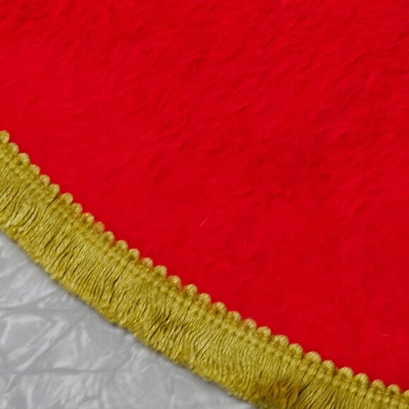 1970s Red Santa Tree Skirt 34" gold fringe handmade retro Christmas decor vtg - Picture 6 of 10